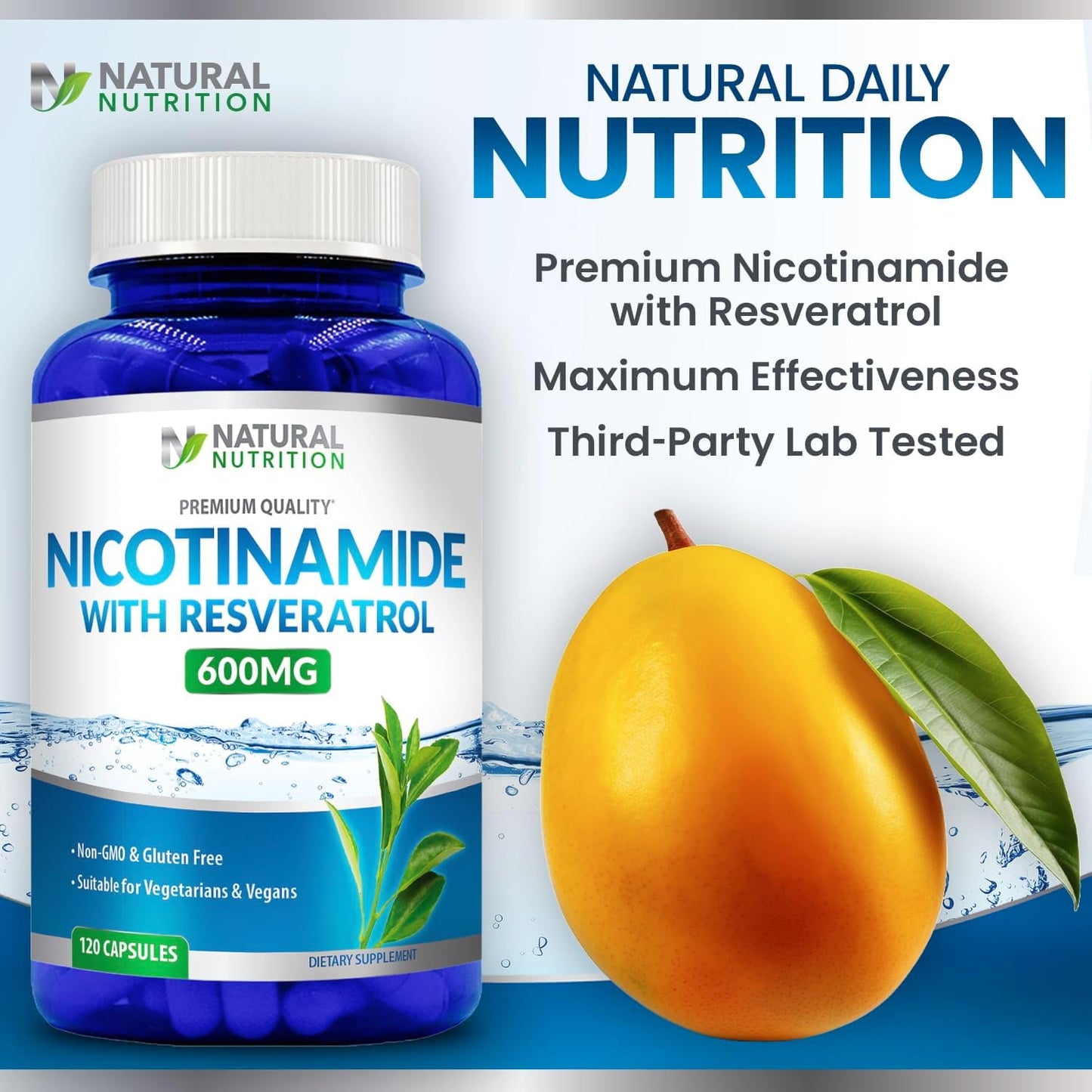 Natural Vitamin Nicotinamide 600mg with Resveratrol (Vitamin B-3) 120 Veggie Capsules Gluten Free & Non-GMO