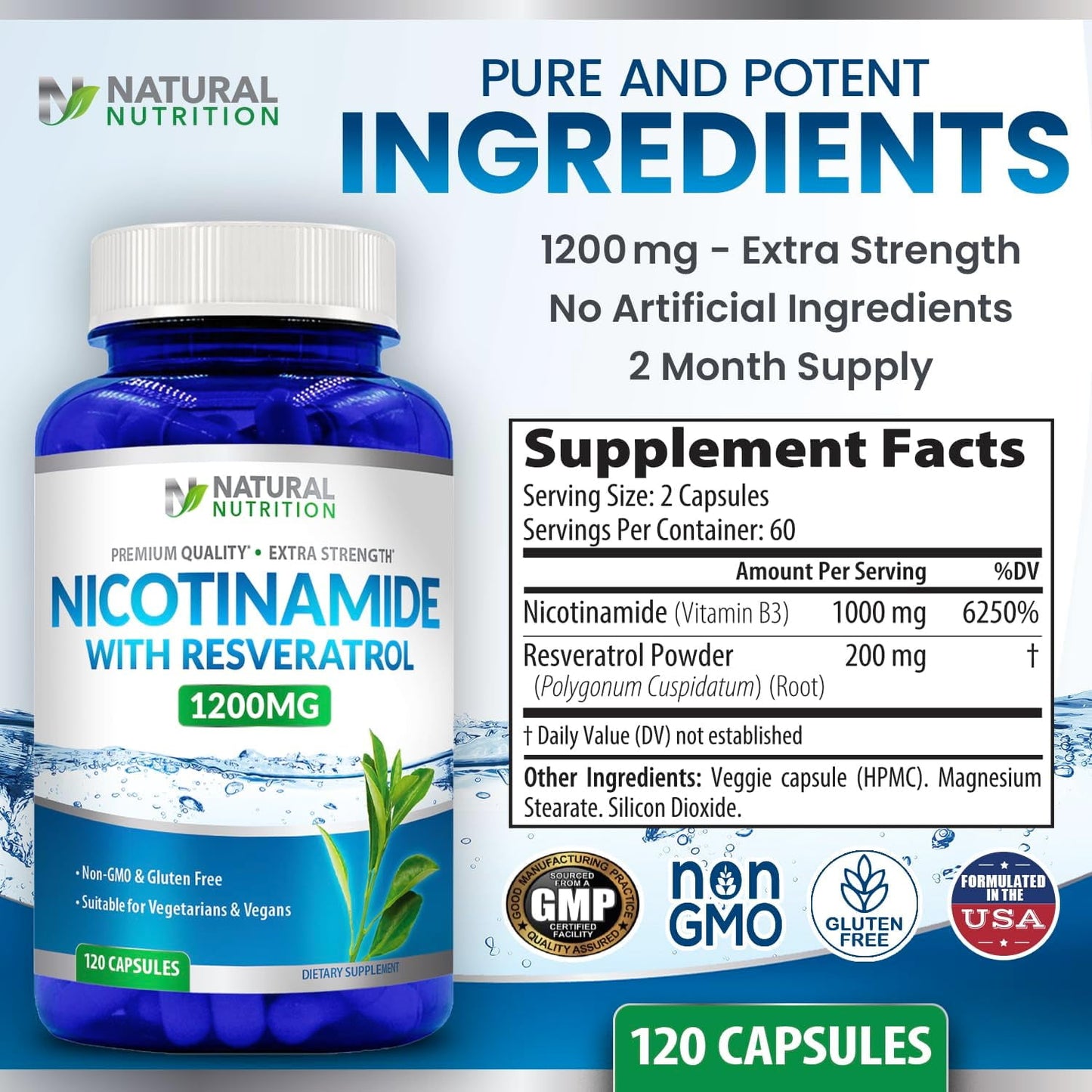 Extra Strength Nicotinamide 1200mg with Resveratrol (Vitamin B-3) 120 Veggie Capsules Gluten Free & Non-GMO