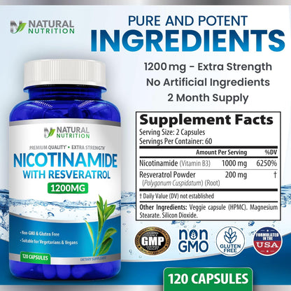 Extra Strength Nicotinamide 1200mg with Resveratrol (Vitamin B-3) 120 Veggie Capsules Gluten Free & Non-GMO