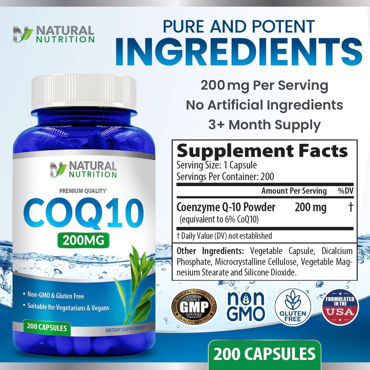 Quick Absorption CoQ10 200mg 200 Capsules (Gluten Free & Non-GMO)