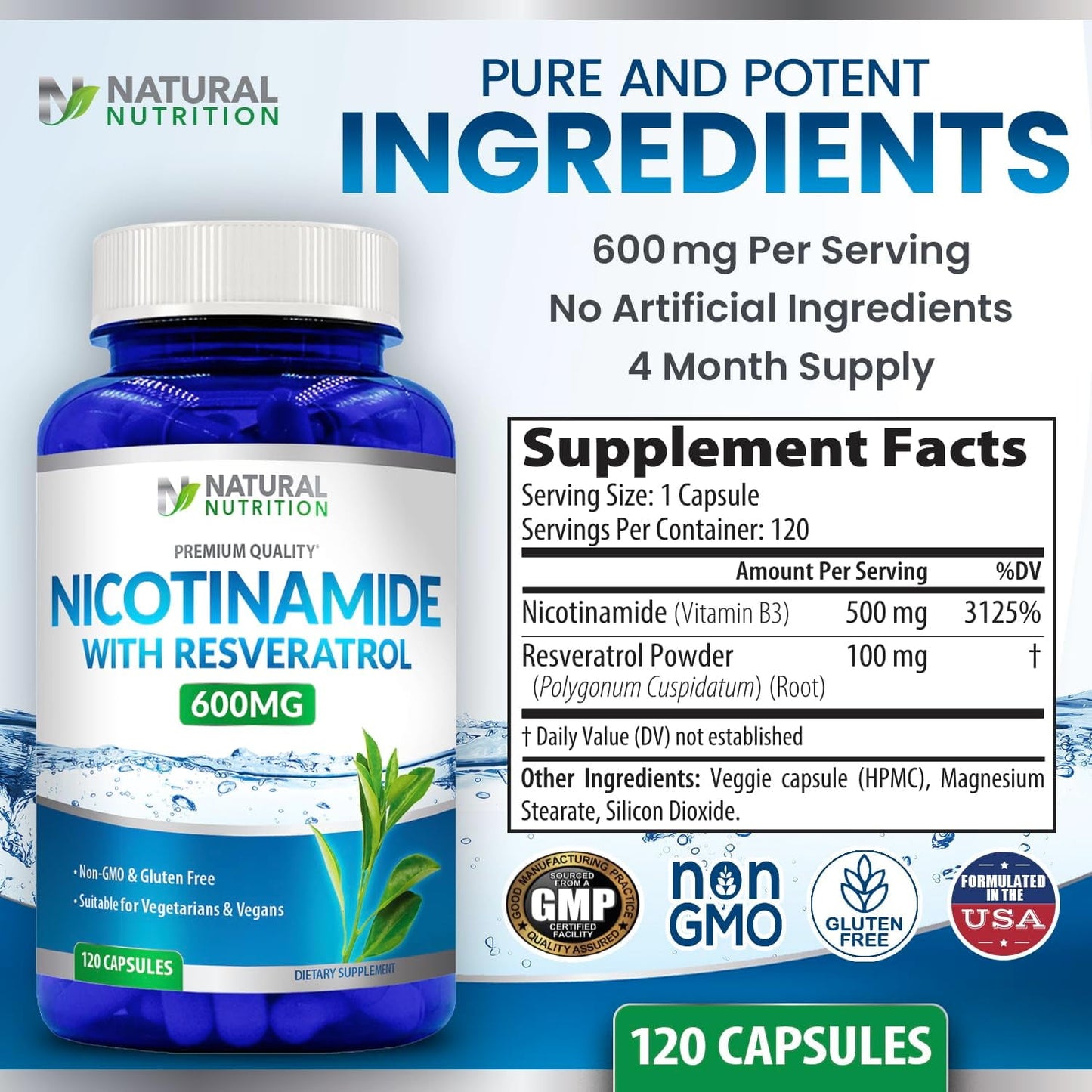 Natural Vitamin Nicotinamide 600mg with Resveratrol (Vitamin B-3) 120 Veggie Capsules Gluten Free & Non-GMO