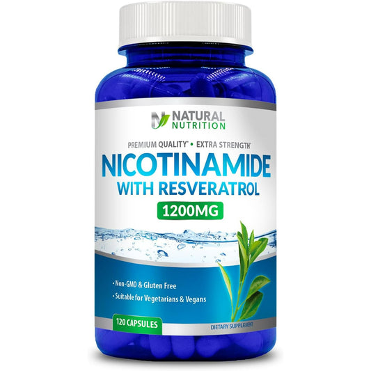 Extra Strength Nicotinamide 1200mg with Resveratrol (Vitamin B-3) 120 Veggie Capsules Gluten Free & Non-GMO