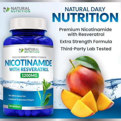 Extra Strength Nicotinamide 1200mg with Resveratrol (Vitamin B-3) 120 Veggie Capsules Gluten Free & Non-GMO