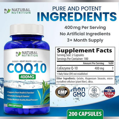 Natural Vitamin CoQ10 Extra Strength 400mg 200 Capsules Quick Absorption (Gluten Free & Non-GMO)